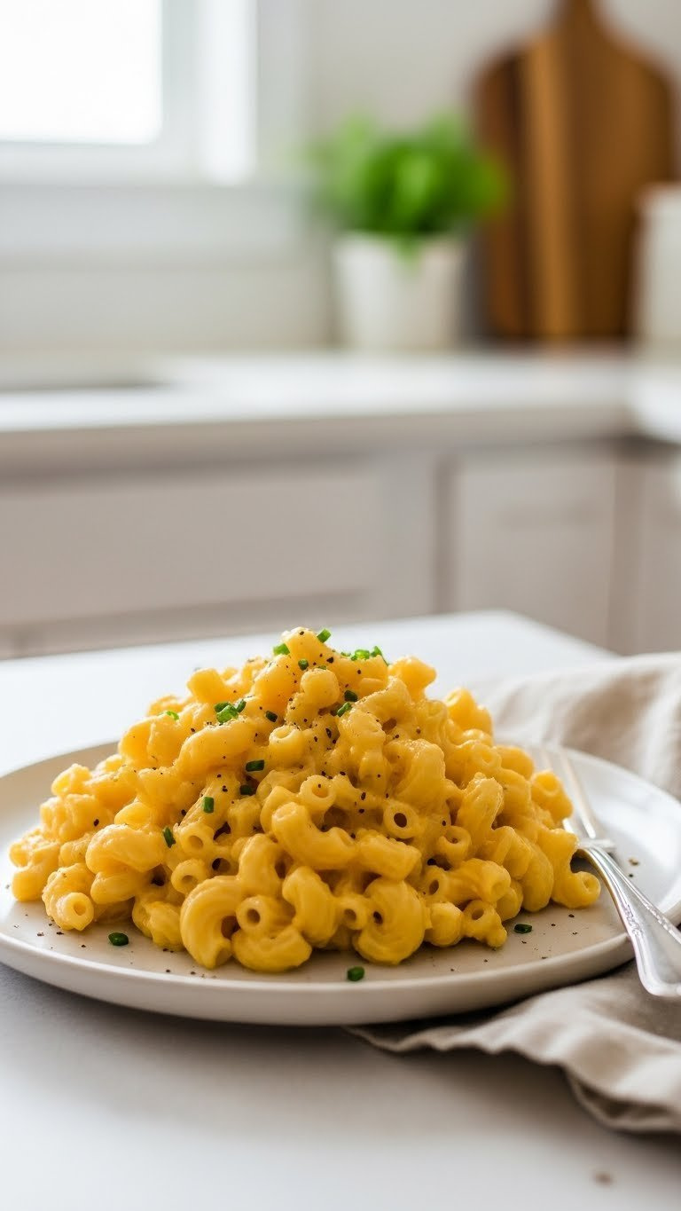 Creamy Instant Pot Mac And Cheese In A White Bowl On A Clean Tablecloth, Garnished With Chives, Under Soft Natural Window Light.