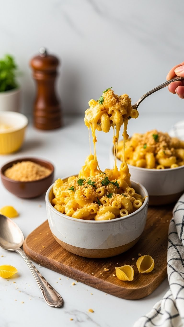 Creamy Instant Pot Mac And Cheese With Cheese Pull And Golden Breadcrumbs In Rustic Bowls On Wooden Board.