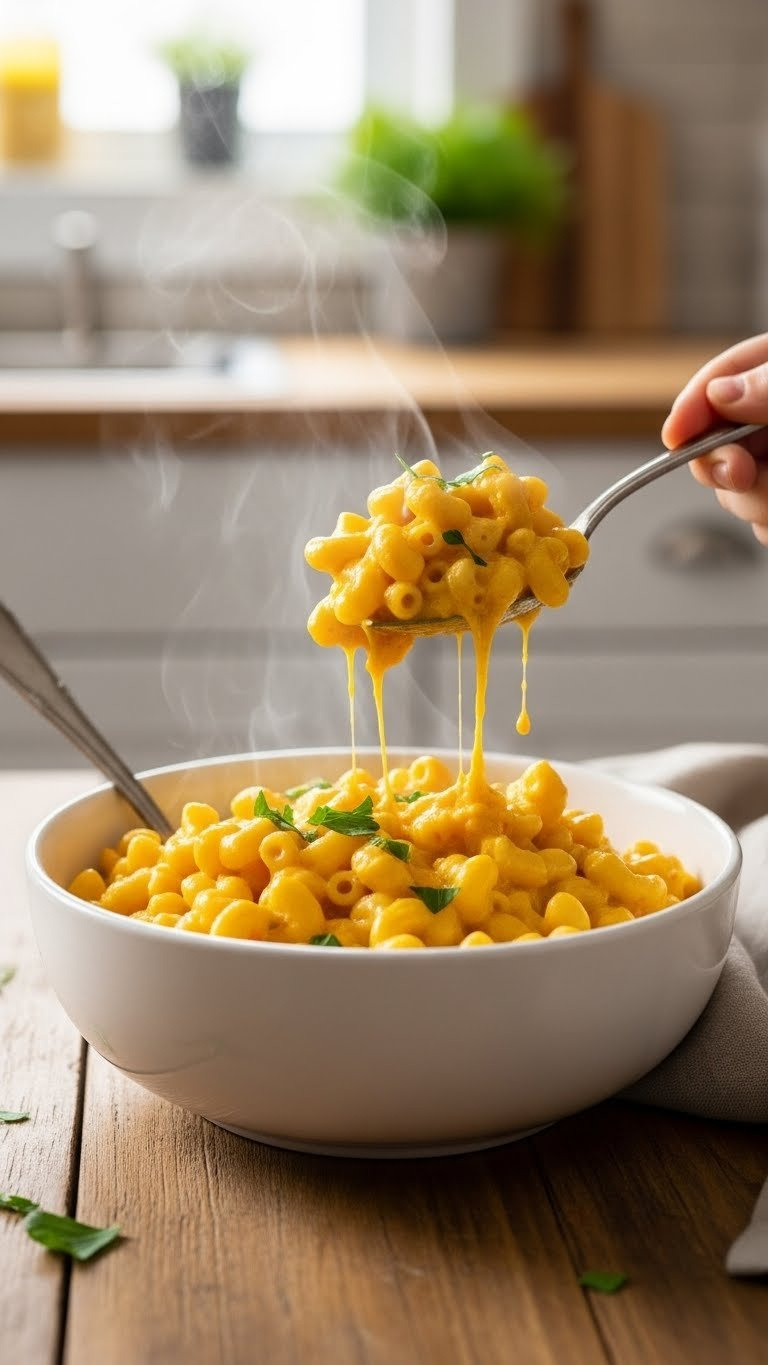 Creamy Instant Pot Mac And Cheese With Hidden Vegetables, Garnished With Parsley, On A Rustic Wooden Table With A Blurred Kitchen Background.
