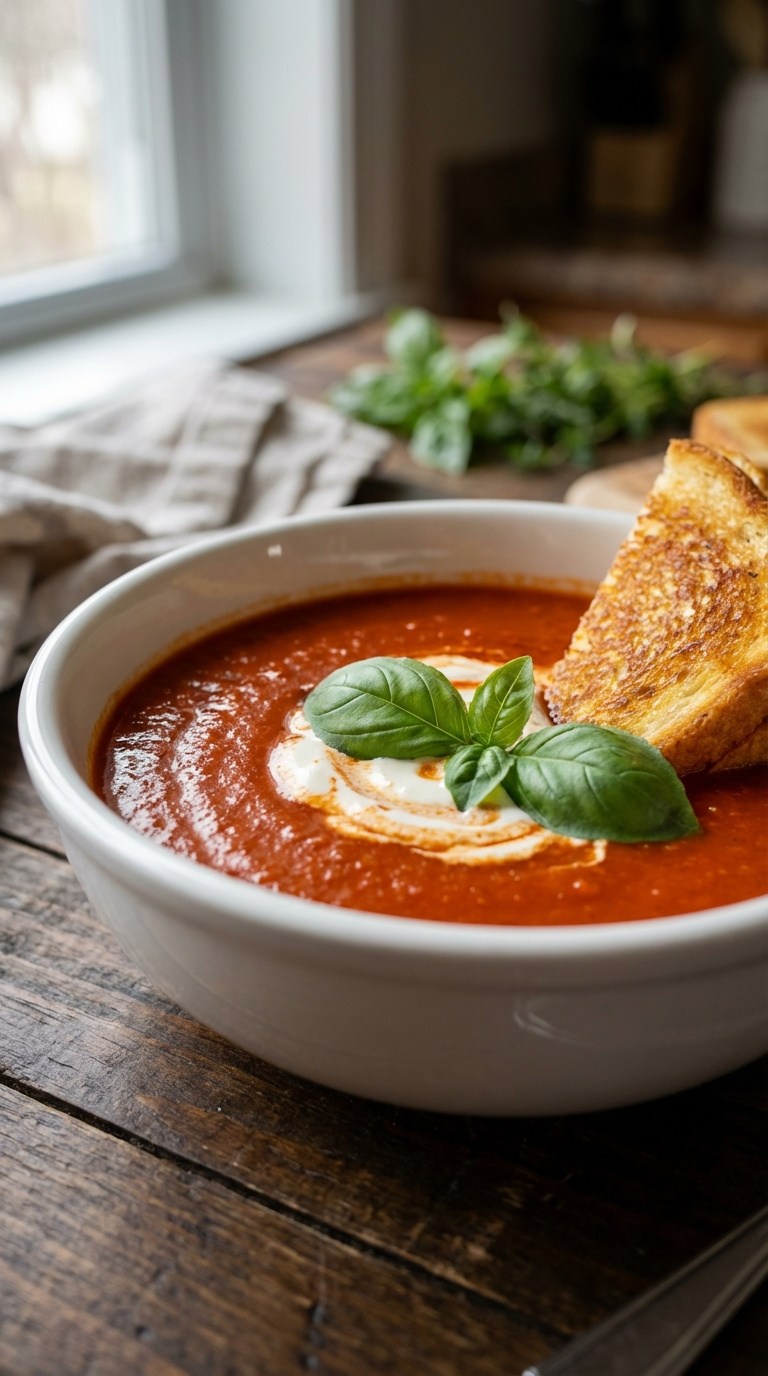 Creamy Instant Pot Tomato Soup With Basil Garnish And Golden Grilled Cheese Sandwich Corner For Dipping