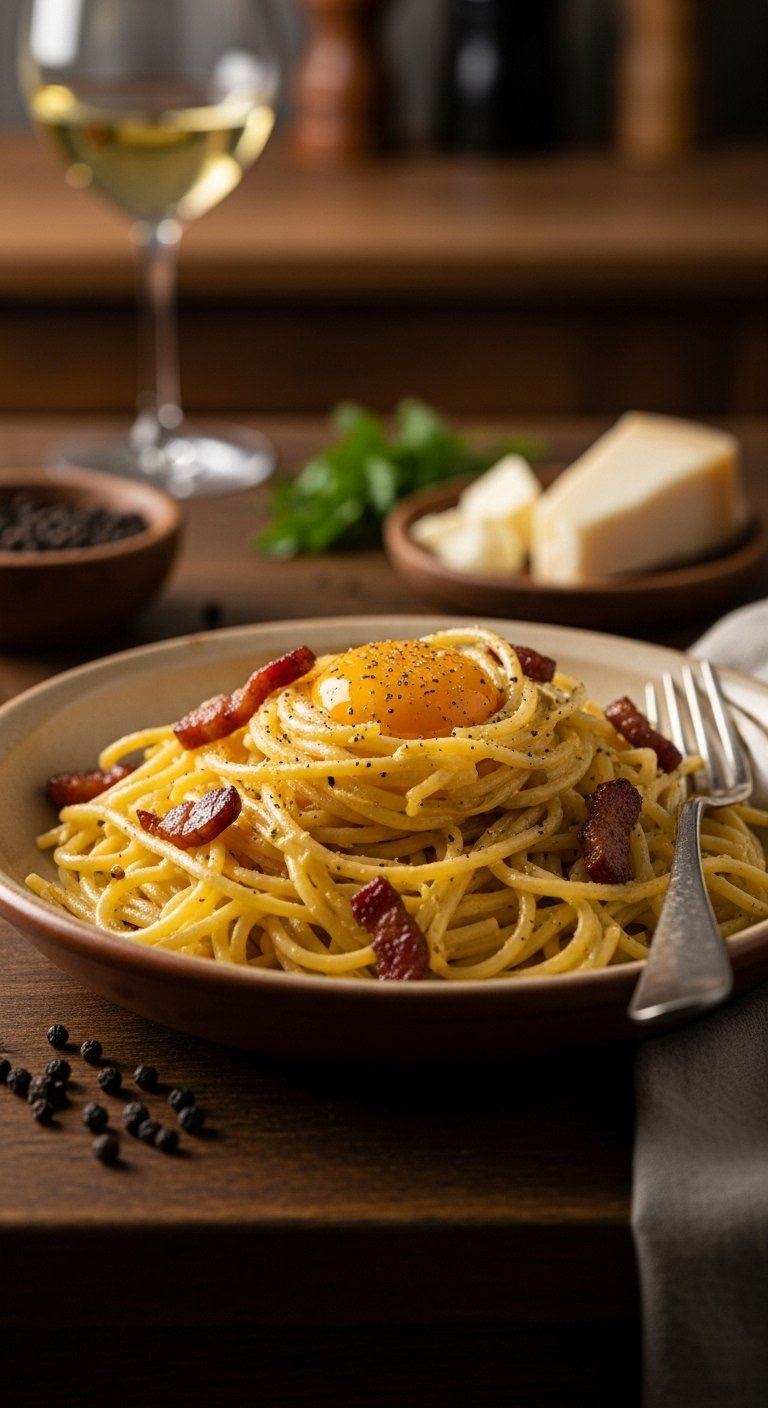 Creamy Italian Carbonara Pasta With Crispy Guanciale And Black Pepper In A Rustic Ceramic Bowl On A Dark Wooden Table.