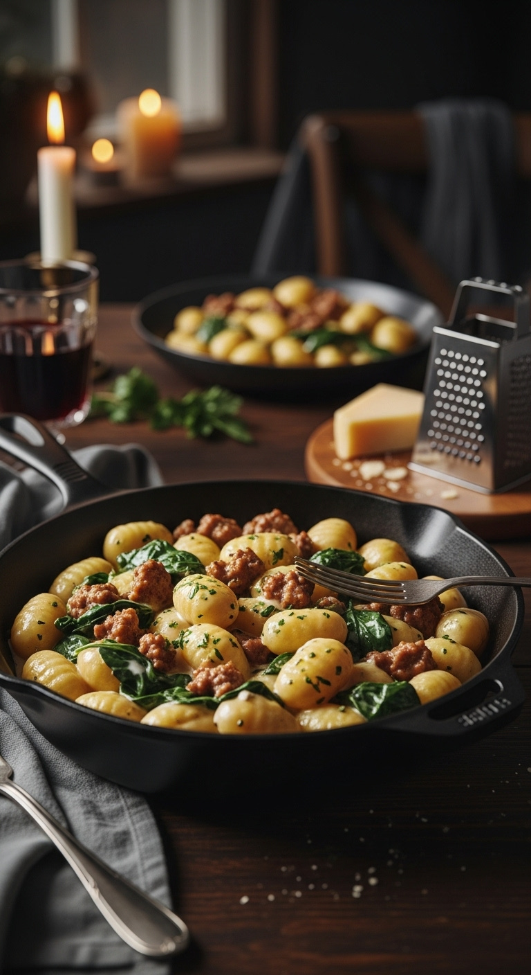 Creamy Italian Sausage Gnocchi In A Cast Iron Skillet With A Fork Red Wine And Parmesan Cheese On A Dark Wooden Table