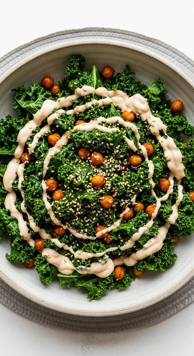 Creamy Maple-Tahini Kale Salad: Massaged Kale, Tahini Dressing, Roasted Chickpeas, Sesame Seeds In Stoneware Bowl.