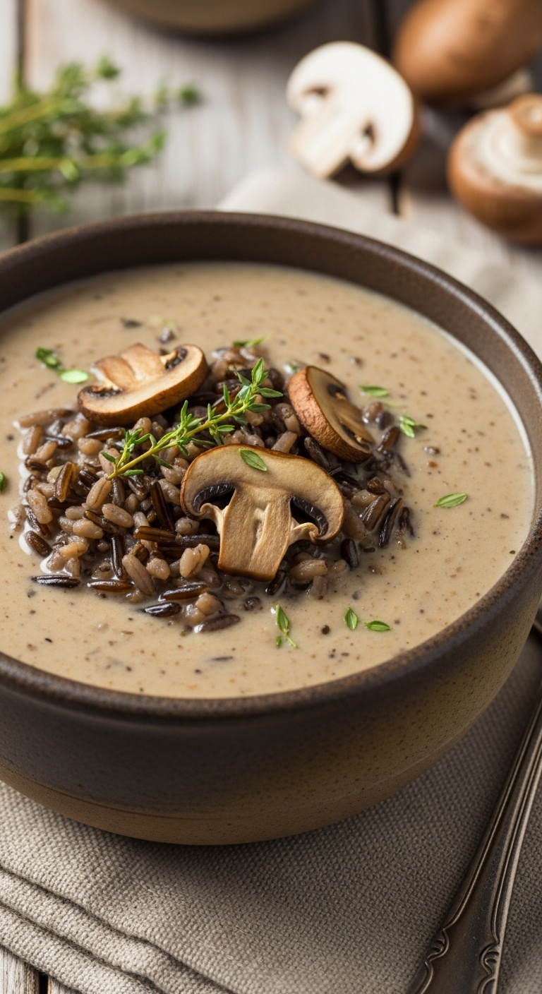 Creamy Mushroom Wild Rice Soup With Wild Rice And Mushrooms In Stoneware Bowl On Linen Napkin With Fresh Thyme
