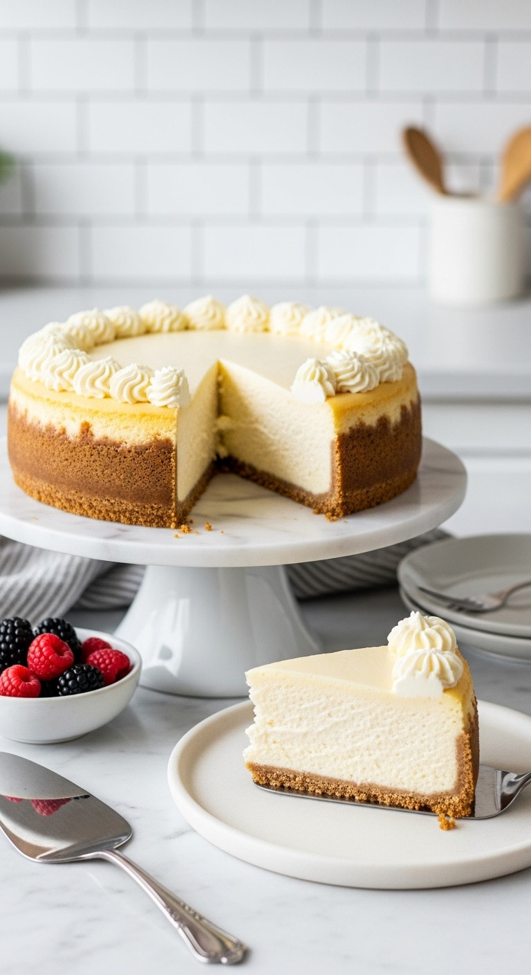 Creamy New York Cheesecake On A Marble Stand With A Slice Removed, Showing Thick Graham Cracker Crust, Fresh Berries Nearby.