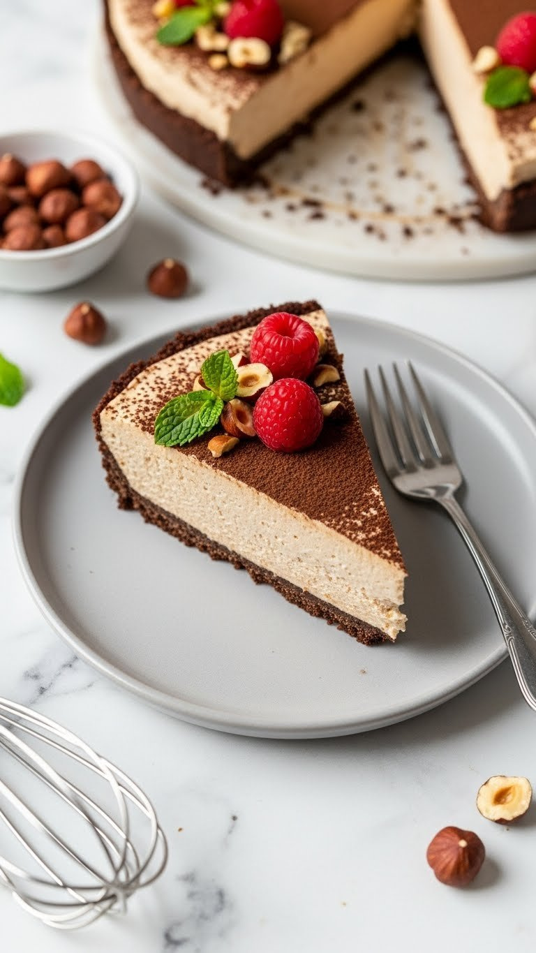 Creamy No-Bake Nutella Pie Slice, Graham Cracker Crust, Raspberries, Hazelnuts On White Marble. Fresh Dessert.