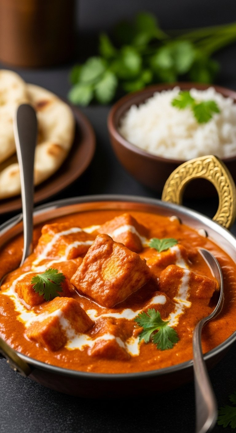Creamy Paneer Butter Masala With Tomato Gravy, Cream Swirl, And Cilantro Served In A Traditional Indian Karahi.