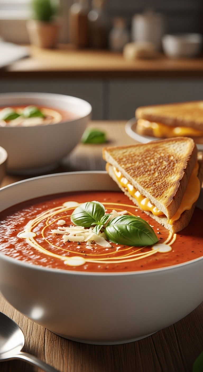Creamy Parmesan Basil Tomato Soup With Cream Basil Parmesan In White Bowl With Grilled Cheese On Wooden Table