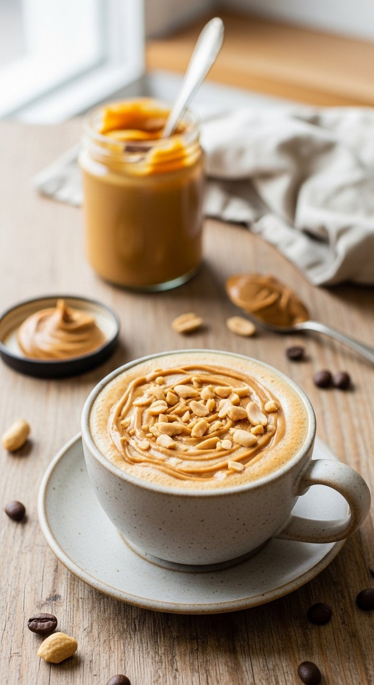 Creamy Peanut Butter Coffee In A Rustic Mug Garnished With Peanut Swirls And Chopped Peanuts.