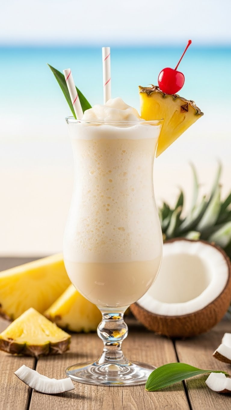 Creamy Piña Colada In Hurricane Glass With Pineapple Wedge And Cherry Garnish On Rustic Wooden Table With Tropical Beach Backdrop