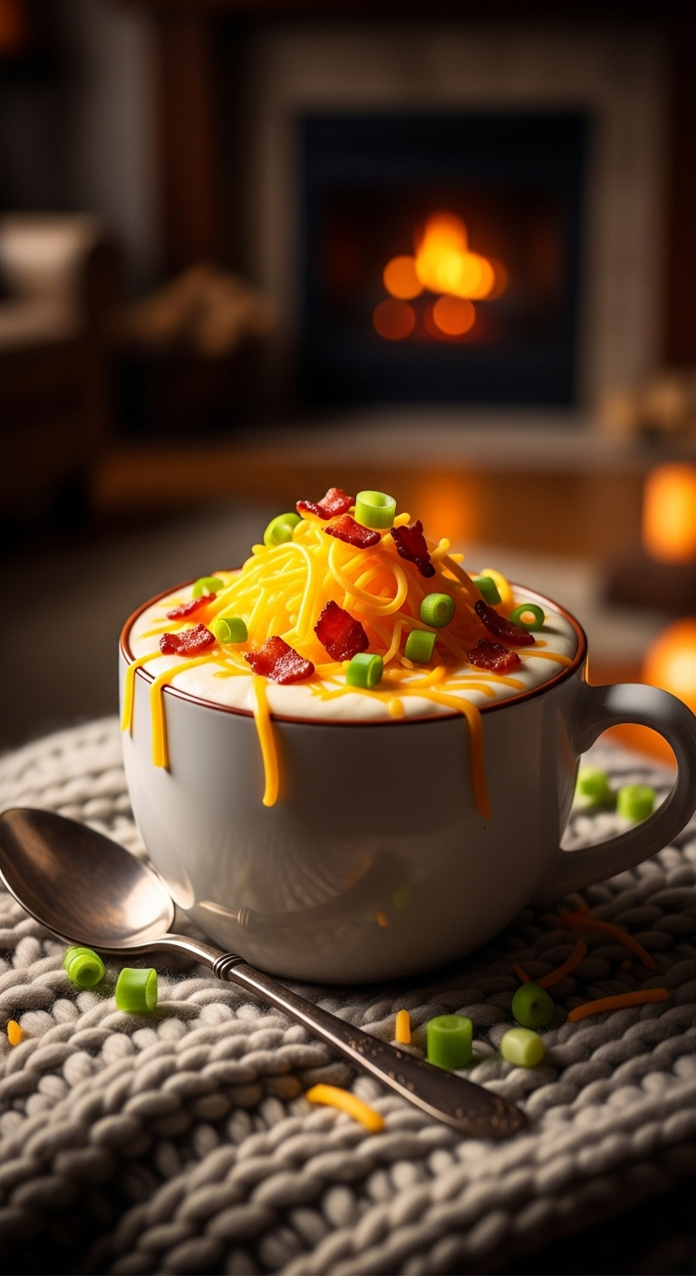 Creamy Potato Soup In Mug With Cheddar Bacon Green Onions On Knit Blanket Near Fireplace With Rustic Spoon
