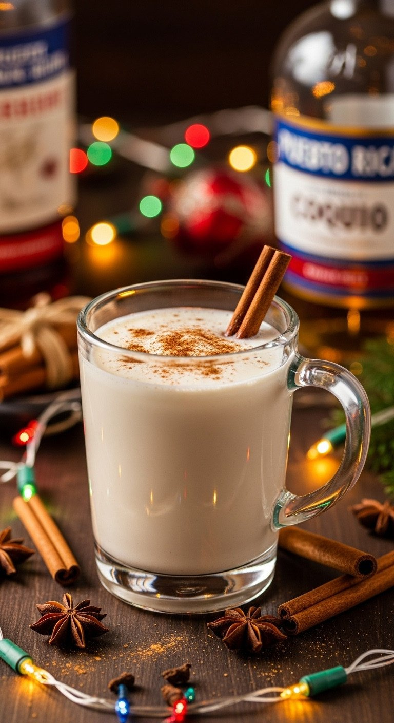 Creamy Puerto Rican Coquito, Coconut Eggnog In A Glass Mug, Garnished With Cinnamon Stick, Spices. Cozy Holiday Drink.