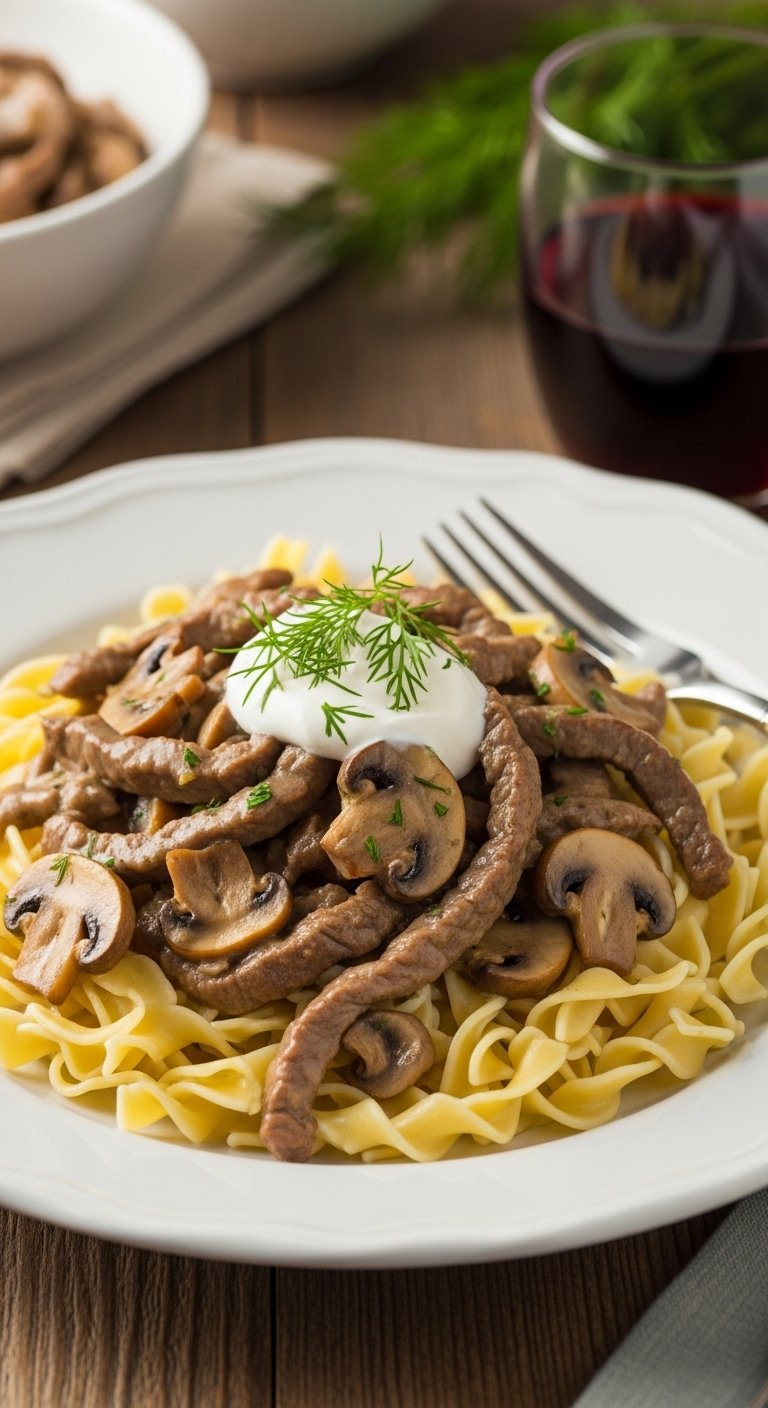 Creamy Russian Beef Stroganoff With Mushrooms And Egg Noodles Garnished With Fresh Dill And Sour Cream.