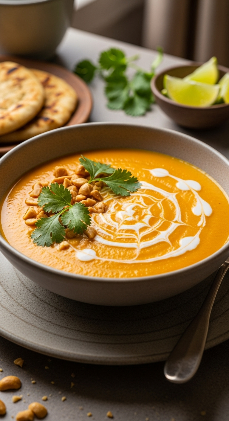 Creamy Slow Cooker Sweet Potato Soup With Coconut Milk Cilantro Peanuts In Bowl On Ceramic Plate With Naan And Lime