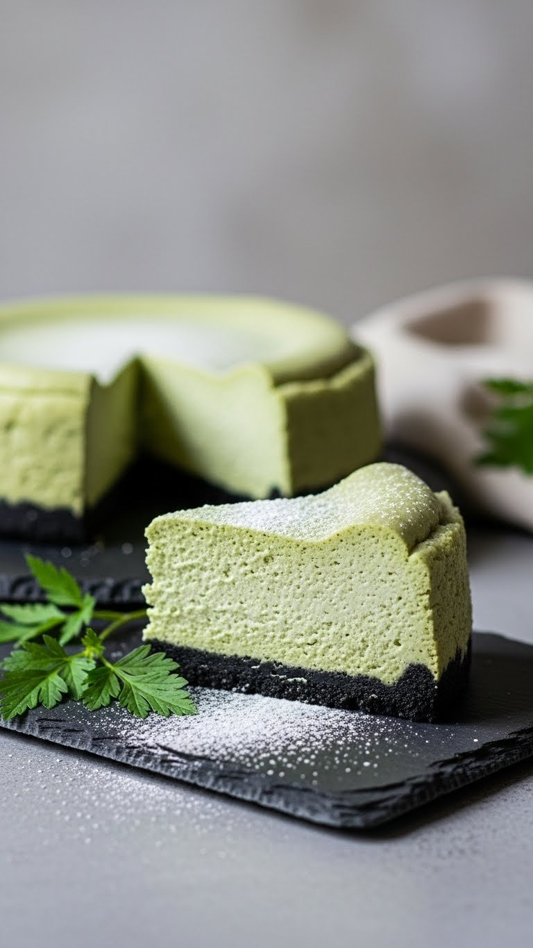 Creamy Ssuk Mugwort Cheesecake Slice With Pale Green Filling And Dark Black Sesame Crust. Sophisticated Korean Dessert.