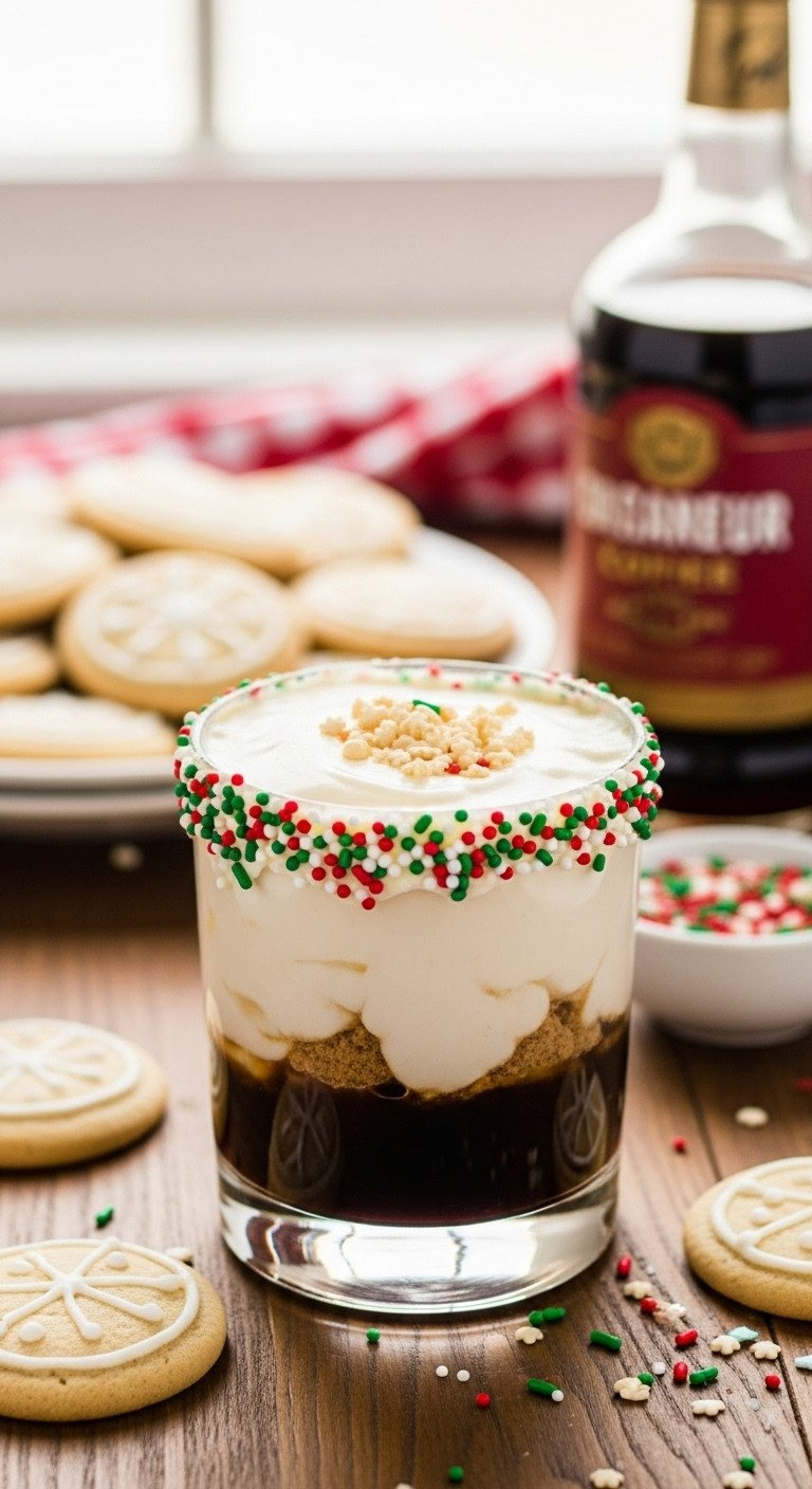 Creamy Sugar Cookie White Russian Cocktail With Sprinkle-Frosted Rim On A Rustic Table, With Blurred Sugar Cookies.