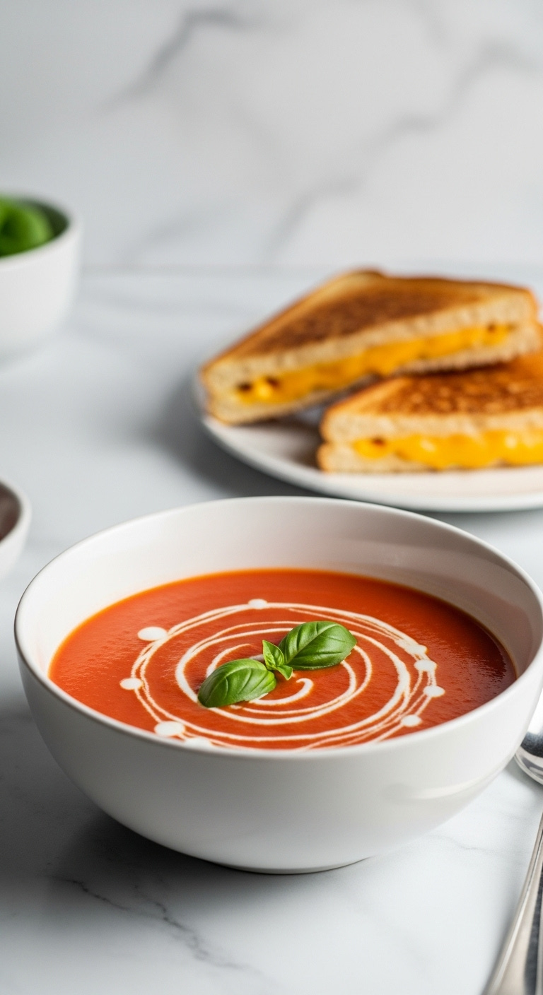 Creamy Tomato Basil Soup With Cream And Basil In White Bowl With Grilled Cheese On Marble Countertop