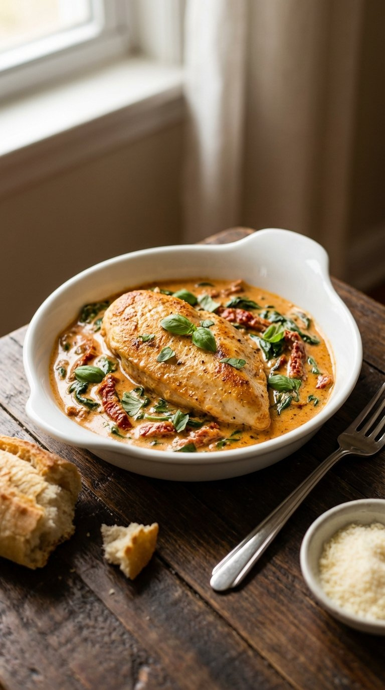 Creamy Tuscan Baked Chicken Breast In Sun-Dried Tomato And Spinach Sauce With Basil Garnish On Ceramic Dish