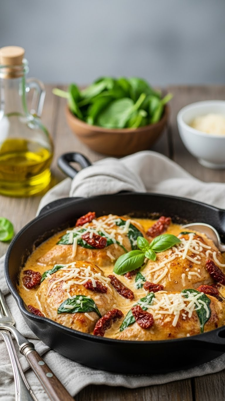 Creamy Tuscan Baked Chicken In Rich Sauce With Sun-Dried Tomatoes, Spinach And Parmesan Cheese In Cast Iron Skillet.