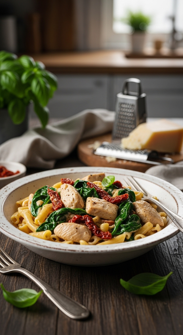 Creamy Tuscan Chicken Pasta In A Rustic Bowl On A Dark Wood Table With Basil Parmesan And A Blurred Kitchen Background