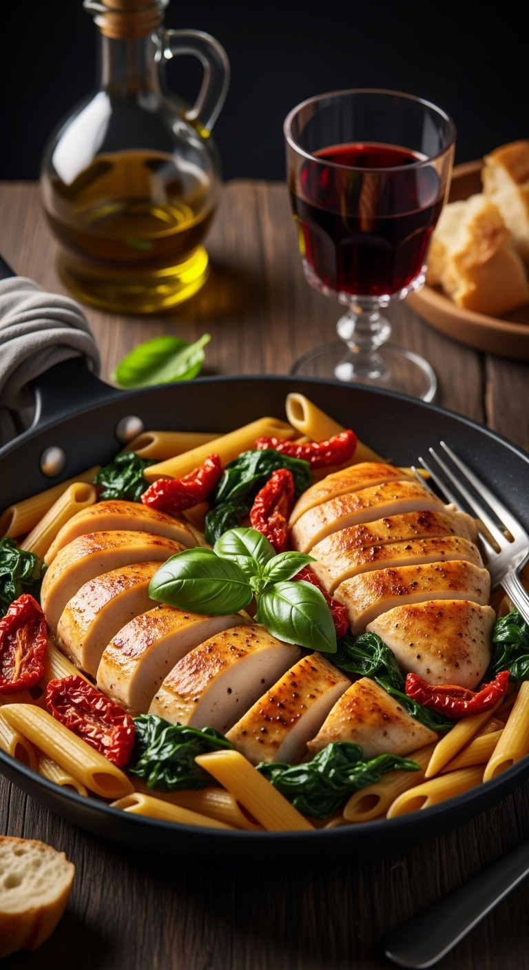 Creamy Tuscan Chicken Pasta In A Skillet With Penne Sun-Dried Tomatoes And Spinach On A Dark Wooden Table With Wine