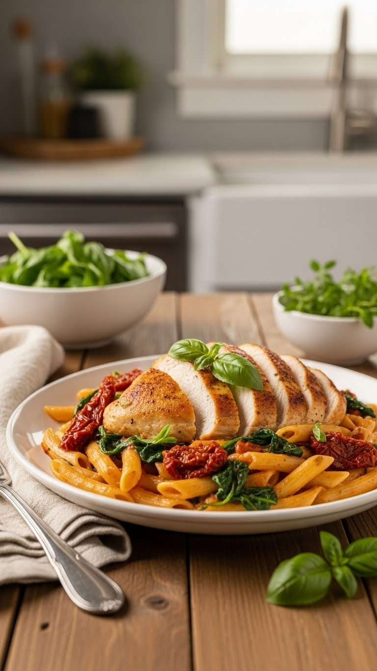 Creamy Tuscan Chicken Pasta With Seared Chicken, Sun-Dried Tomatoes, Spinach, And Basil Garnish On Rustic Wooden Table In Warm Golden Hour Lighting