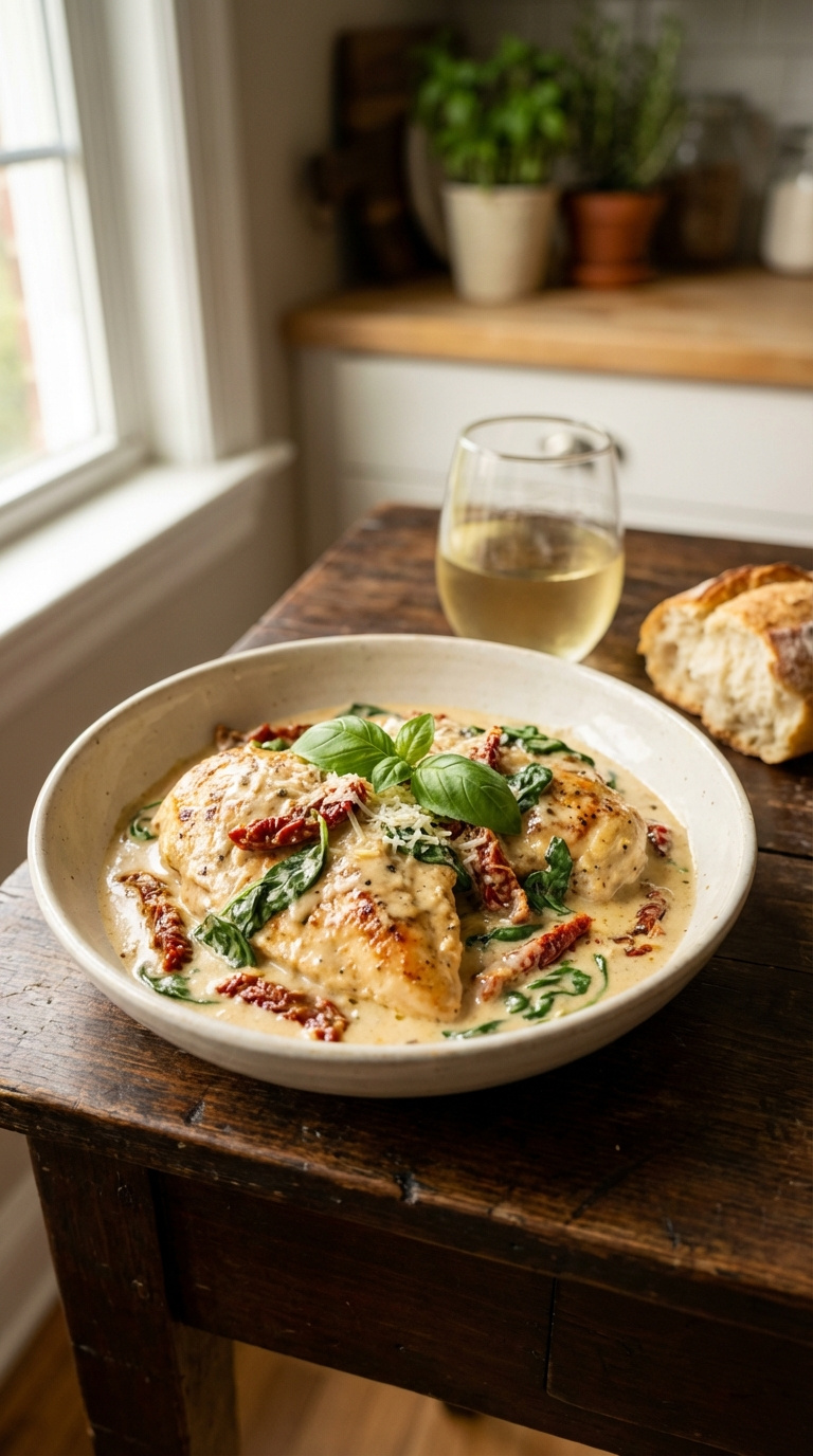 Creamy Tuscan Chicken Served In Rustic White Bowl With Sun-Dried Tomatoes, Spinach, And Fresh Basil Garnish On Dark Wooden Table