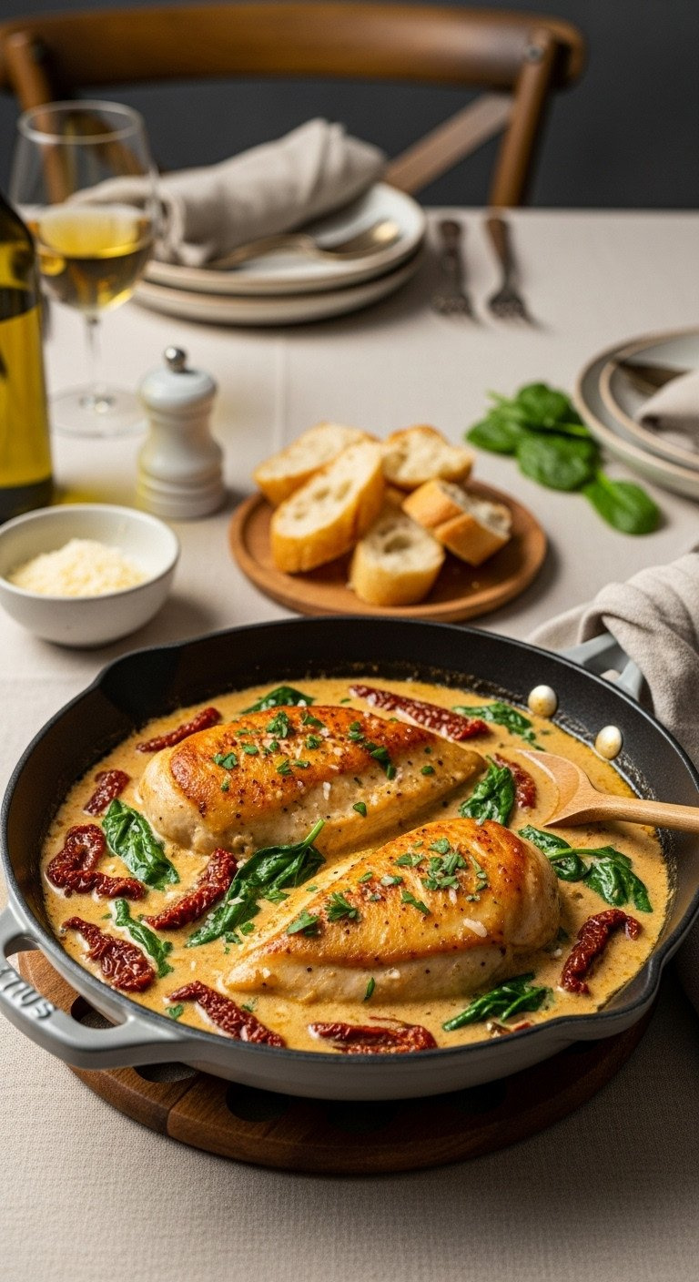 Creamy Tuscan Chicken With Golden Breasts, Sun-Dried Tomatoes, Spinach, And Parmesan In A Rustic Skillet.