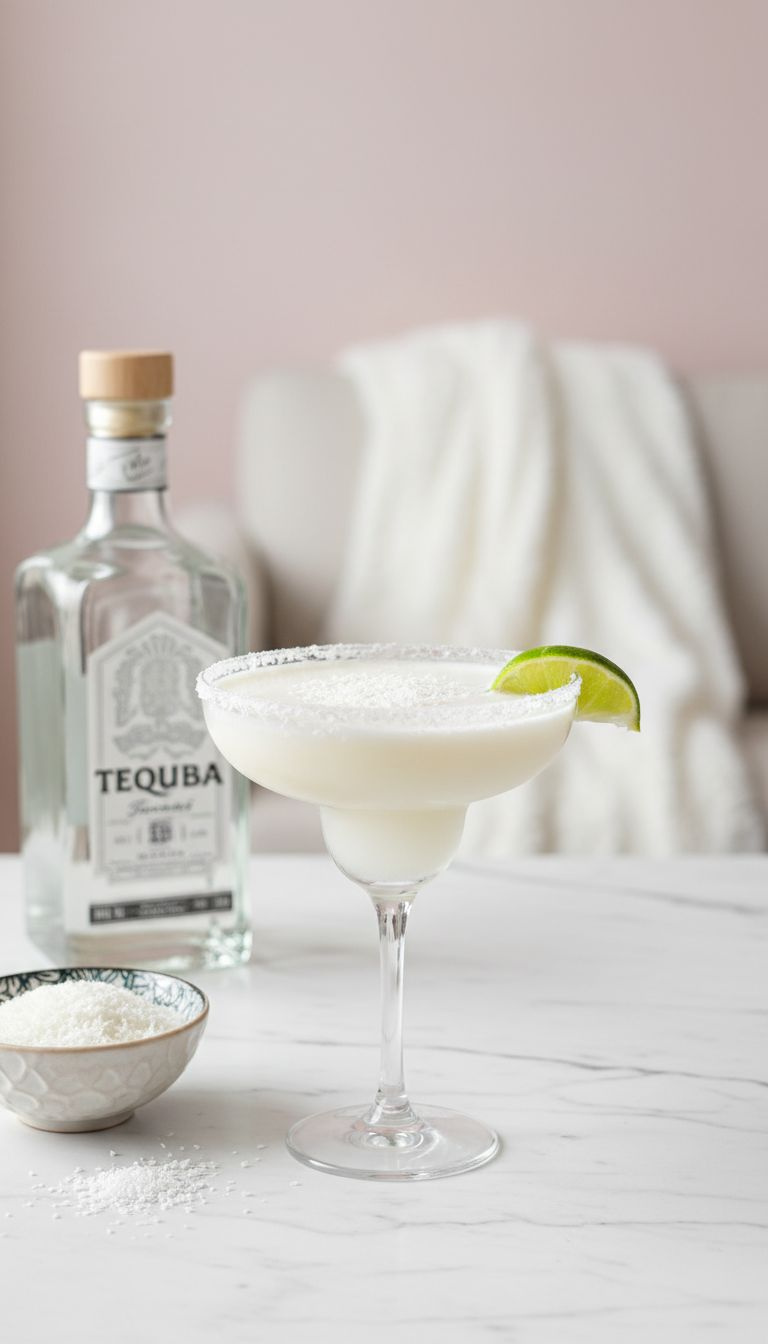 Creamy White Christmas Margarita In A Salt-Rimmed Glass, Garnished With A Lime Wheel And Coconut Flakes On Marble.