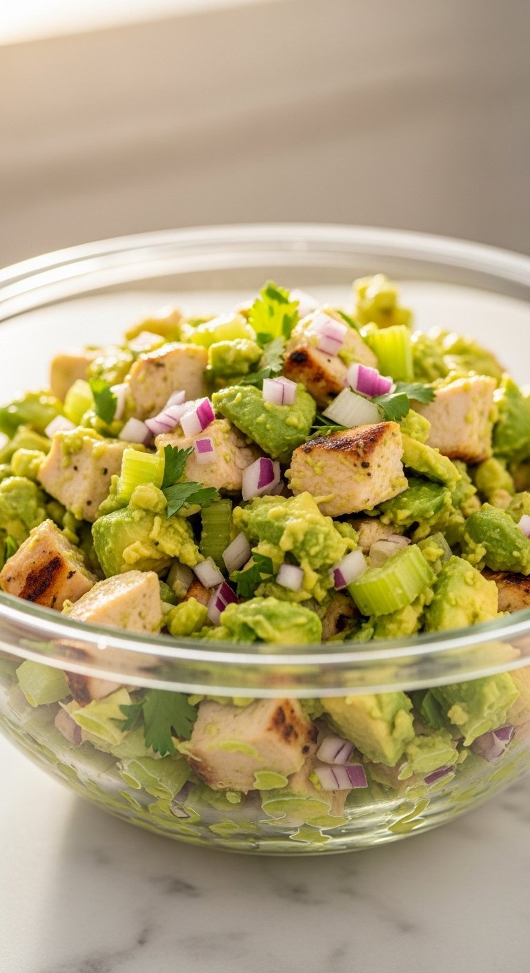 Creamy Avocado Chicken Salad With Red Onion, Celery, And Cilantro In A Contemporary Glass Bowl.