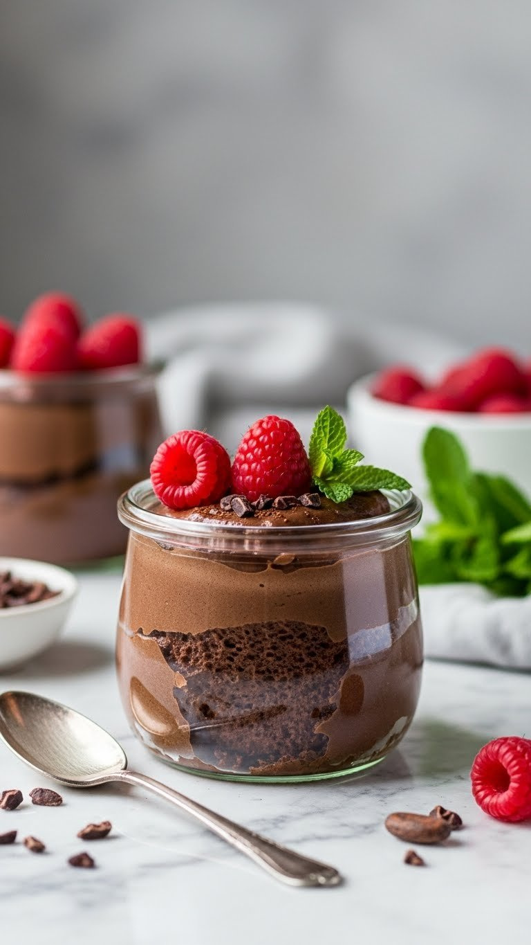 Creamy Avocado Chocolate Mousse In Glass Ramekin Topped With Fresh Raspberries And Cocoa Powder