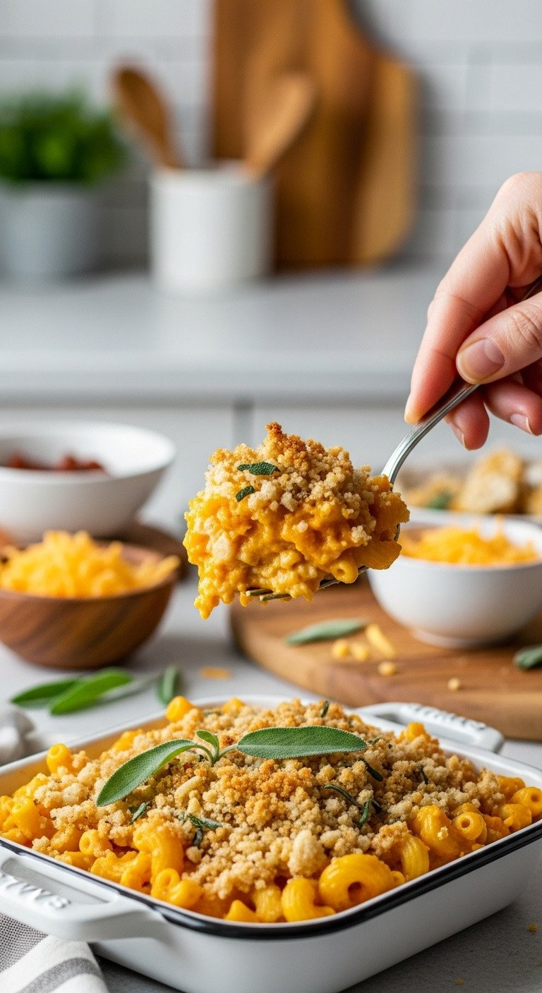 Creamy Baked Butternut Squash And Sage Mac &Amp; Cheese With Orange Sauce, Crispy Breadcrumbs, Green Sage, In An An Enamel Dish.