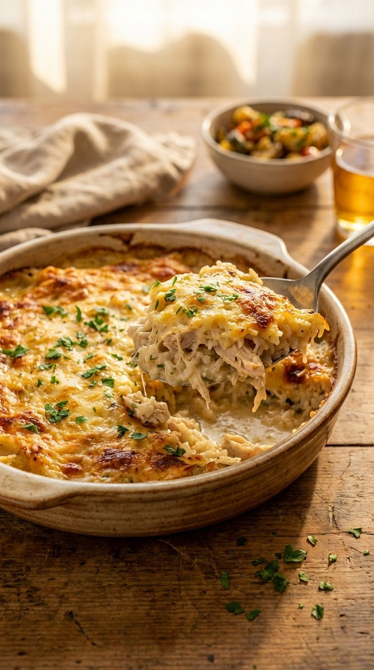 Creamy Baked Chicken And Rice Casserole Bubbling Golden-Brown With Tender Chicken Pieces And Fluffy Rice