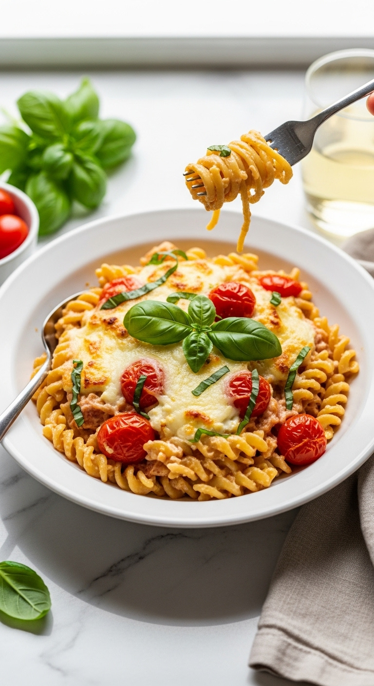 Creamy Baked Feta Pasta With Burst Cherry Tomatoes And Fresh Basil In A White Bowl On A Marble Countertop With A Fork And Wine