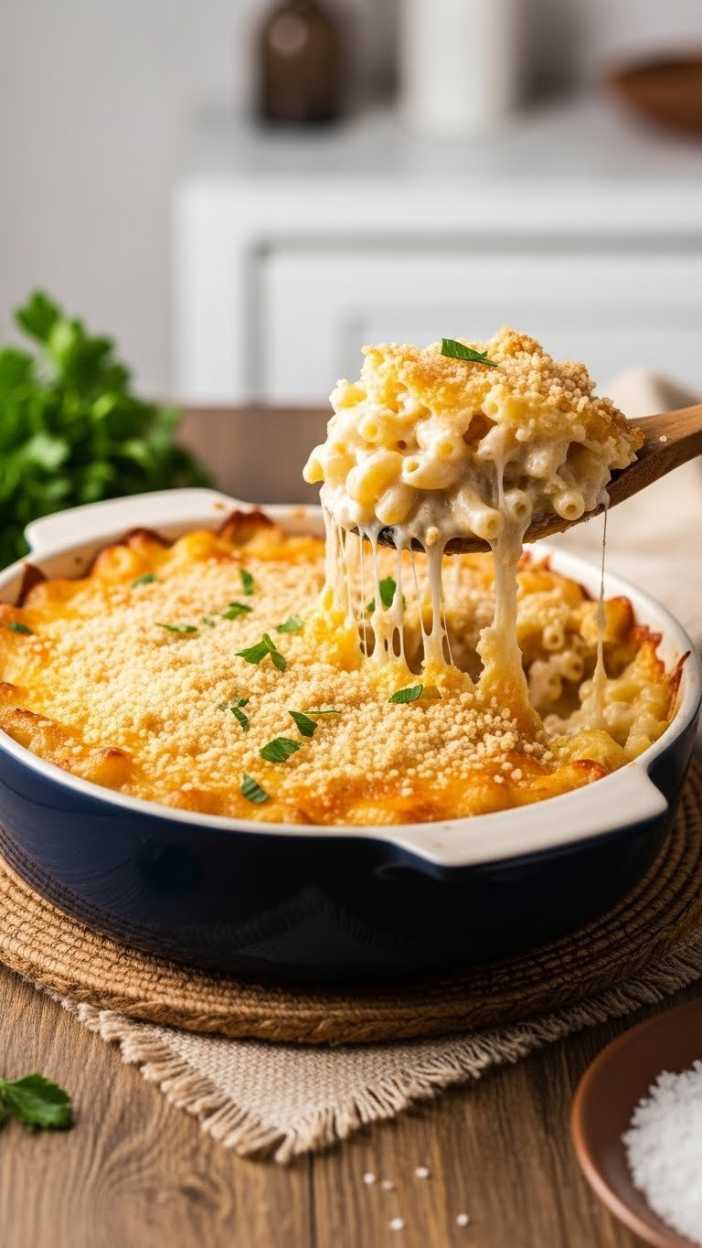 Creamy Baked Mac And Cheese Casserole With Golden-Brown Bubbly Crust And Melted Cheese Strands On Rustic Table