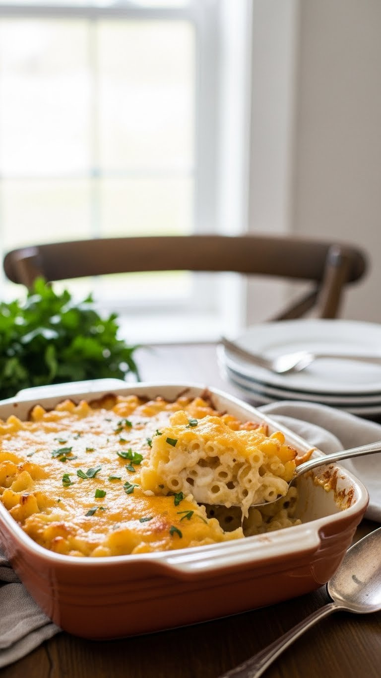 Creamy Baked Mac And Cheese With Golden-Brown Bubbly Crust In Ceramic Baking Dish