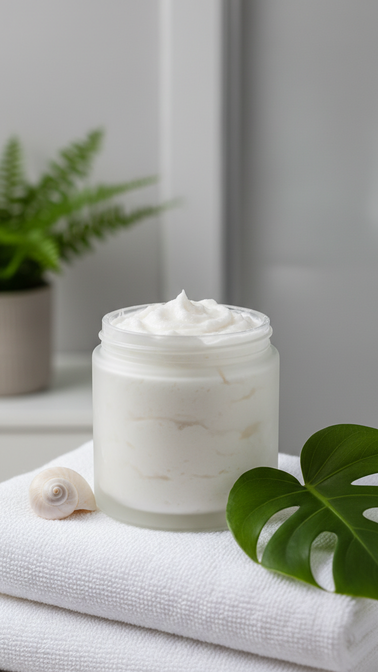 Creamy Baking Soda Coconut Oil Scrub In Frosted Glass Jar On Folded White Towels