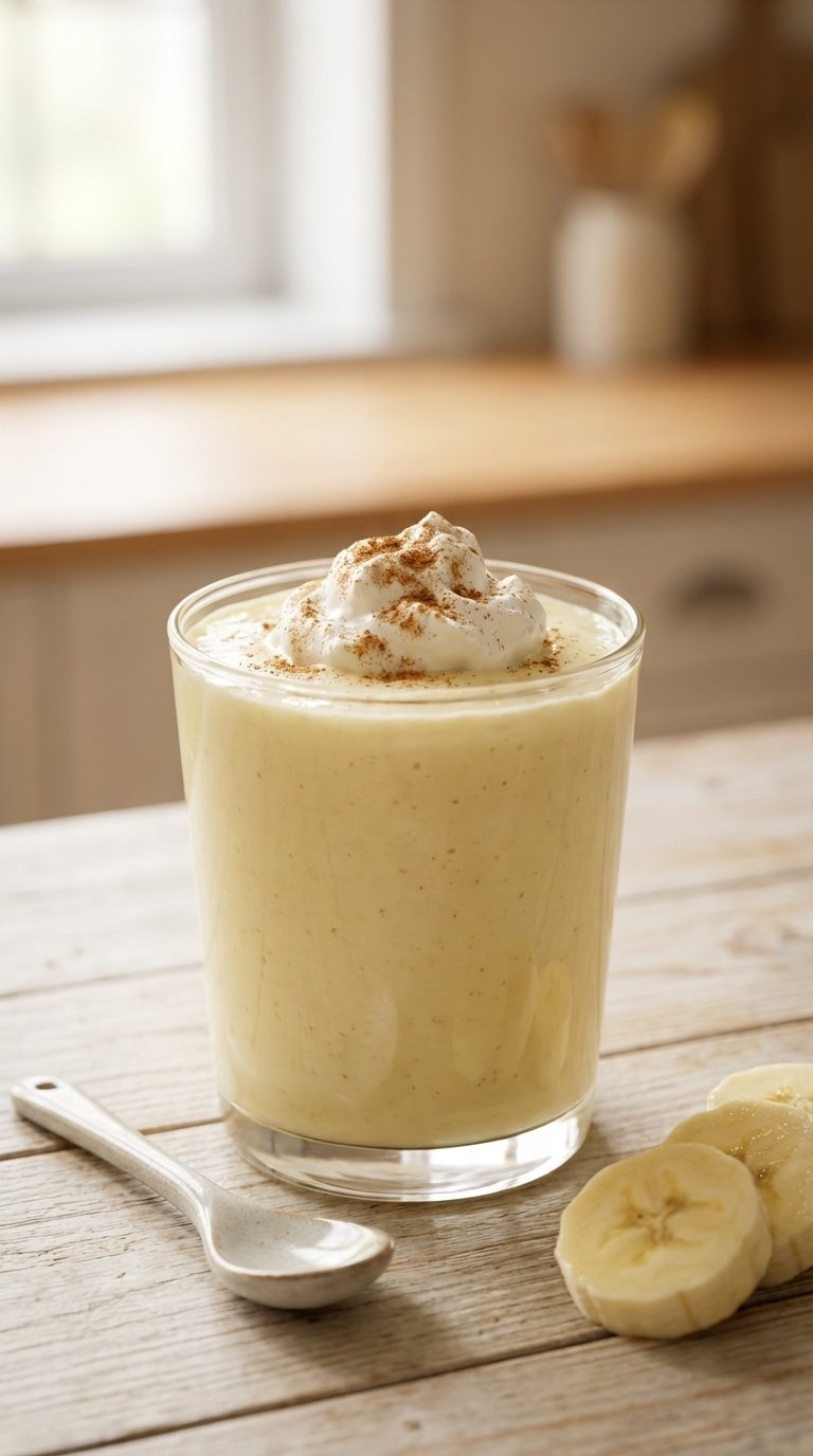 Creamy Banana Lotus Energy Smoothie With Whipped Cream And Cinnamon In Clear Glass On Wooden Table