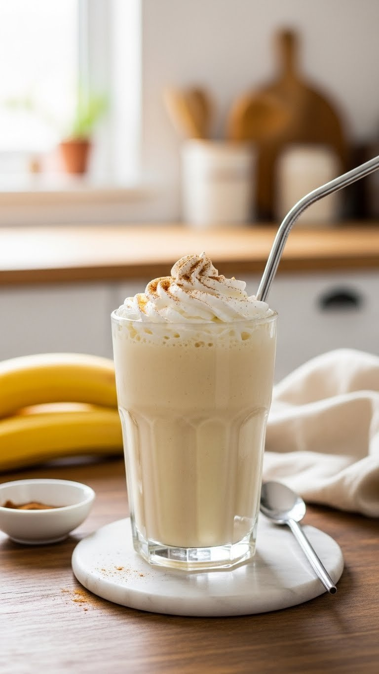 Creamy Banana Milkshake In Vintage Glass Topped With Coconut Whipped Cream And Cinnamon
