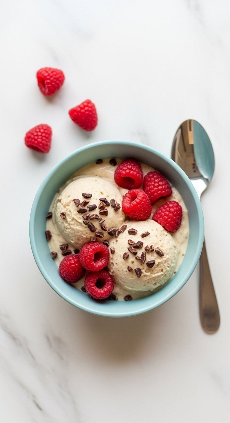 Creamy Banana Nice Cream Scoops In A Blue Bowl Topped With Raspberries And Cacao Nibs.