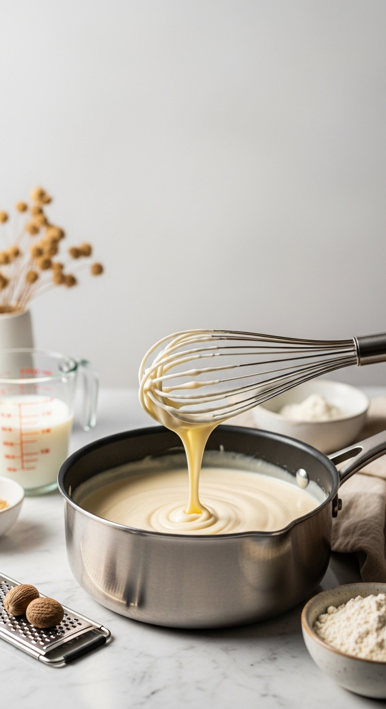 Creamy Béchamel Sauce In A Saucepan With A Whisk Lifted From It On A Marble Countertop Under Bright Studio Light