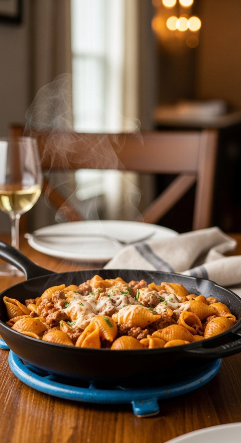 Creamy Beef And Shells Pasta In A Skillet Resting On A Trivet With Steam Rising On A Rustic Wooden Table.