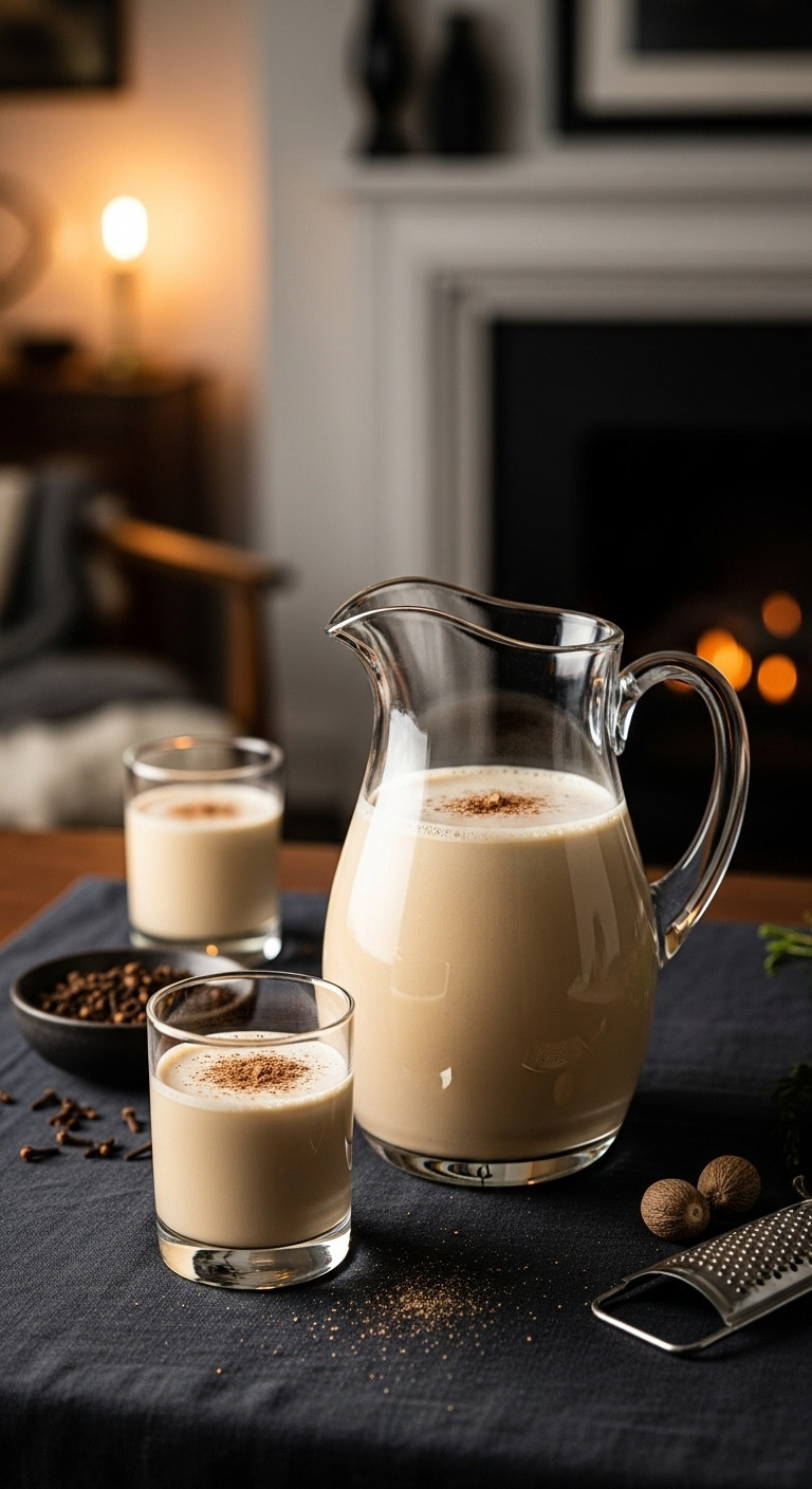 Creamy Beige Chilean Monkey Tail Punch In A Pitcher With A Nutmeg-Garnished Glass On A Dark Linen Tablecloth