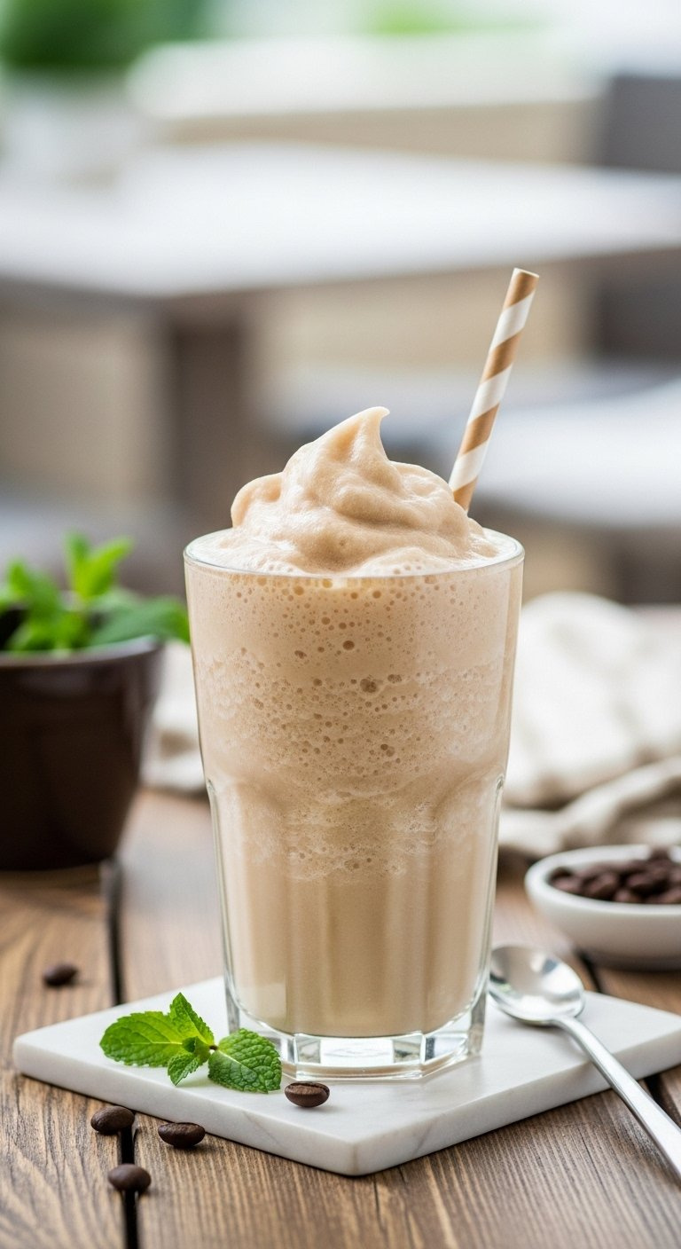 Creamy Blended Iced Coffee With Light Foam Top Served In A Tall Glass With A Straw.