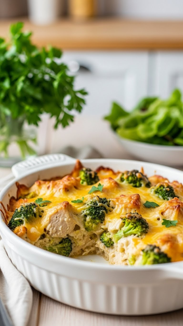 Creamy Broccoli Cheddar Chicken Casserole Bubbling With Tender Chicken Pieces And Bright Green Broccoli Florets