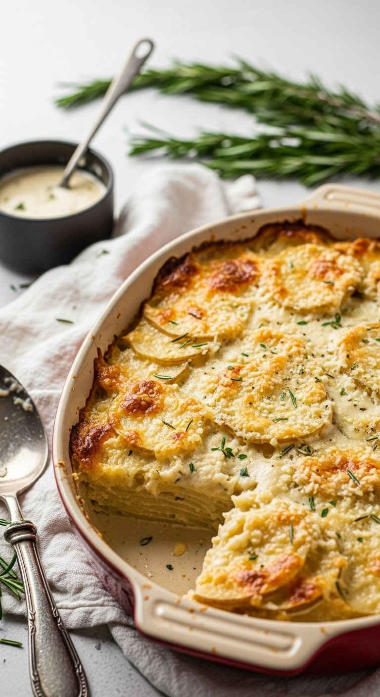 Creamy, Bubbling Holiday Herb Garlic Scalloped Potatoes With Golden Crust, Layered Potatoes, And Rich Sauce In A Casserole.