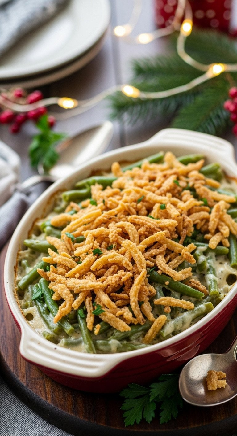 Creamy, Bubbling Green Bean Casserole Topped With Golden-Brown Crispy Fried Onions In A Ceramic Baking Dish. Cozy Holiday Side.