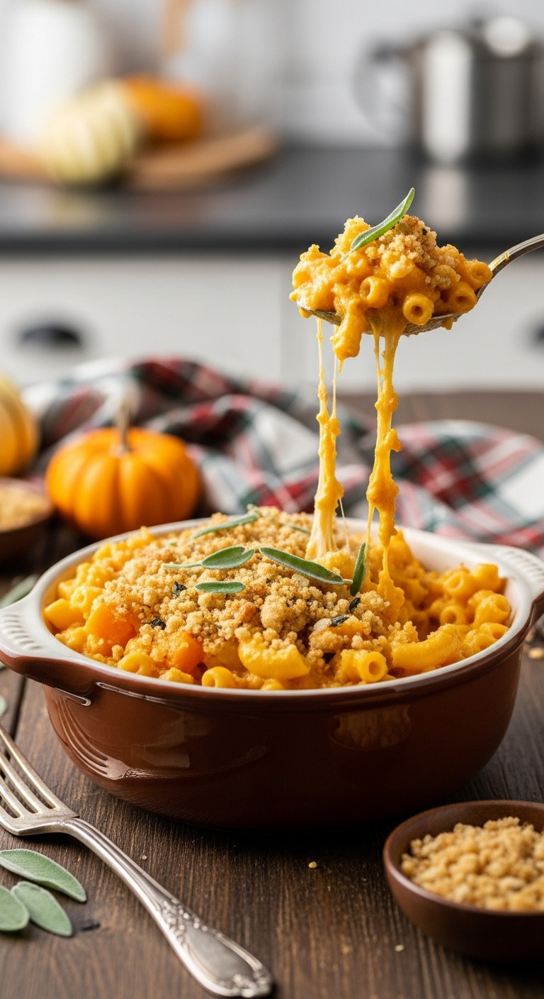 Creamy Butternut Squash Mac And Cheese With Toasted Breadcrumbs And Fresh Sage In A Rustic Ceramic Bowl On A Wooden Table