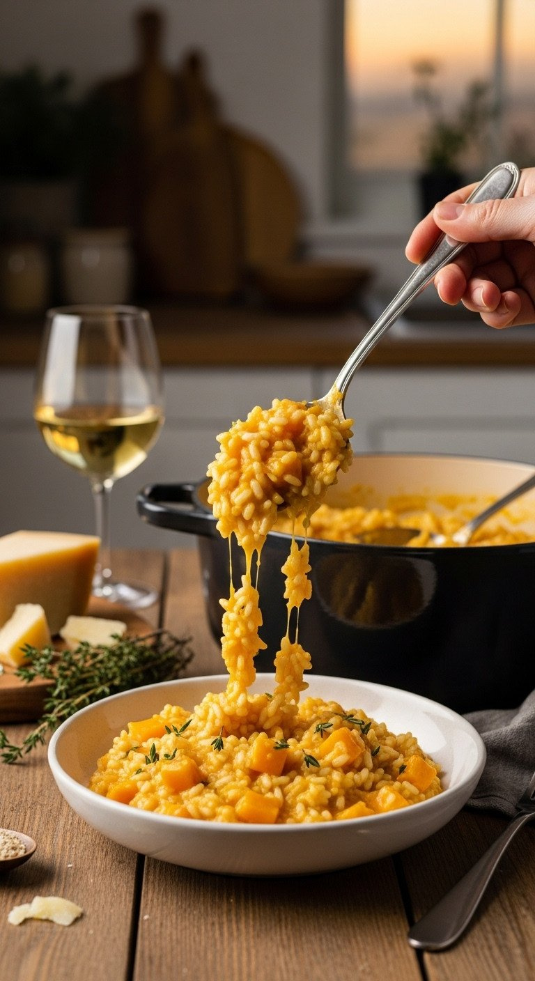 Creamy Butternut Squash Risotto Being Spooned From A Pot Into A Bowl, Garnished With Thyme. Rich, Elegant Italian Fall Recipe.