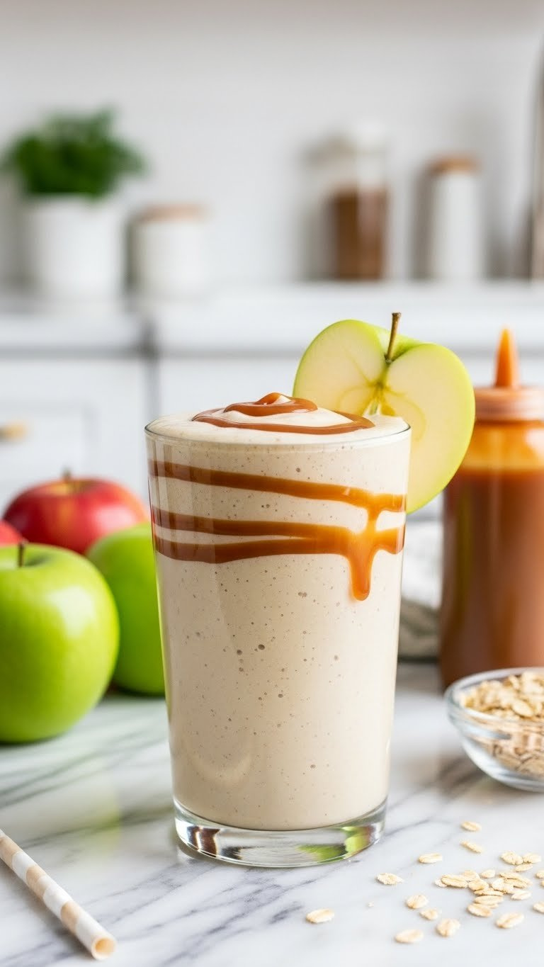Creamy Caramel Apple Smoothie In Tall Glass Drizzled With Caramel Sauce And Apple Slice